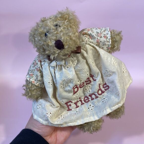 Beige/Tan Classic Curly Teddy Bear with Embroidered Dress w “Best Friends”8” EUC - Picture 7 of 7